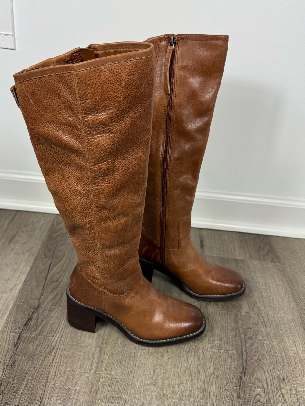 Franco Sarto Leather Riding Boots Size 6M Tall Knee High Cognac Classic Preppy